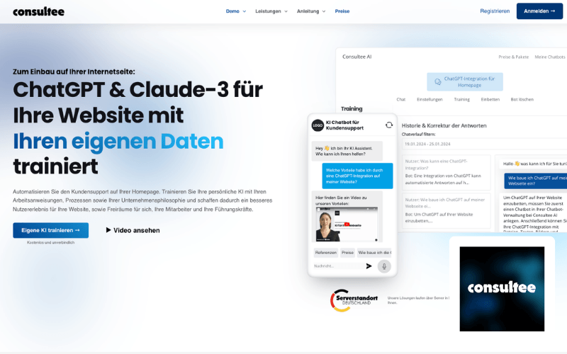 Consultee AI Website mit ChatGPT und Claude 3 Integration für einen individuellen KI Chatbot