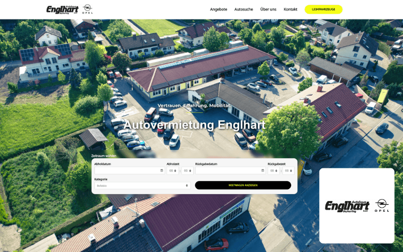 Website der Autovermietung Englhart mit Luftaufnahme des Standorts und Fahrzeugbuchung