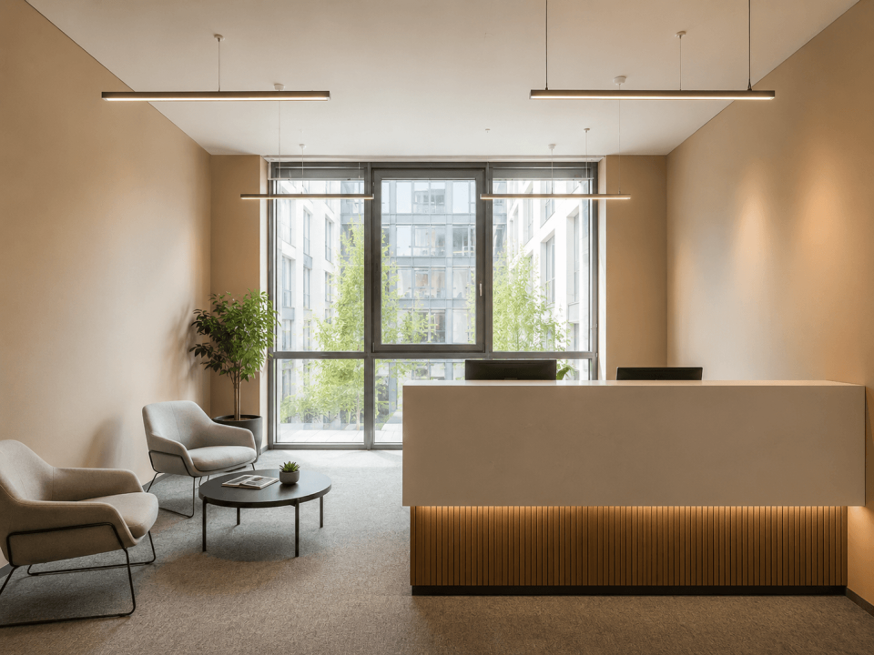Beleuchteter Empfangsbereich mit Sitzmöglichkeiten und kleinem Tisch