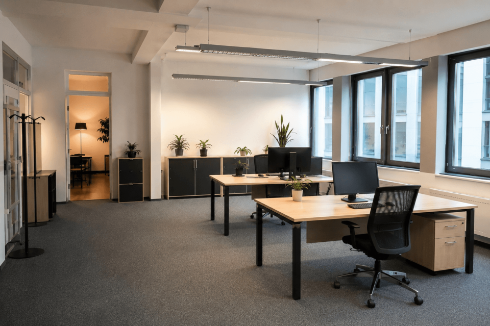 Großes Büro mit ausgestatteten Arbeitsplätzen